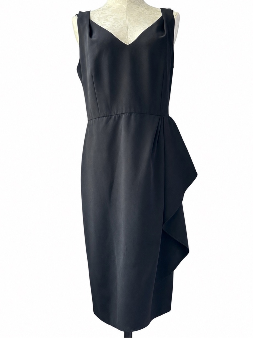 Lafayette 148 New York Black Draped Sheath Dress Side Cascade Size 12